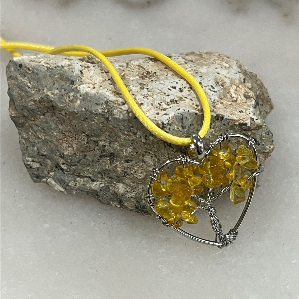 Yellow Citrine Crystal Tree Silver Heart Pendant Necklace
